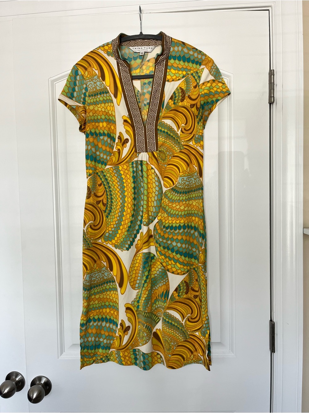 Trina Turk Geometric Yellow Green Teal Brown Print Silk Tunic Dress Size 10